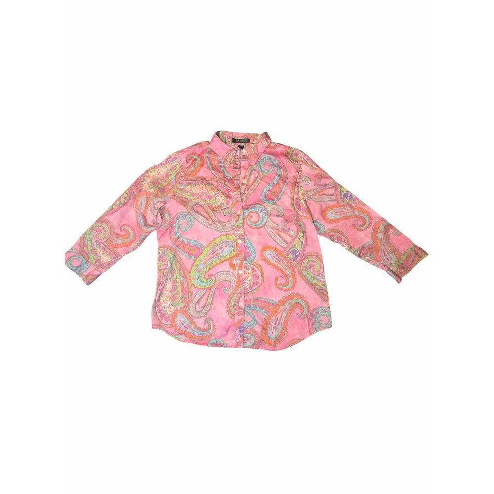 Lauren Ralph Women’s Large Button Up Priya Pink Paisley Flower Shirt